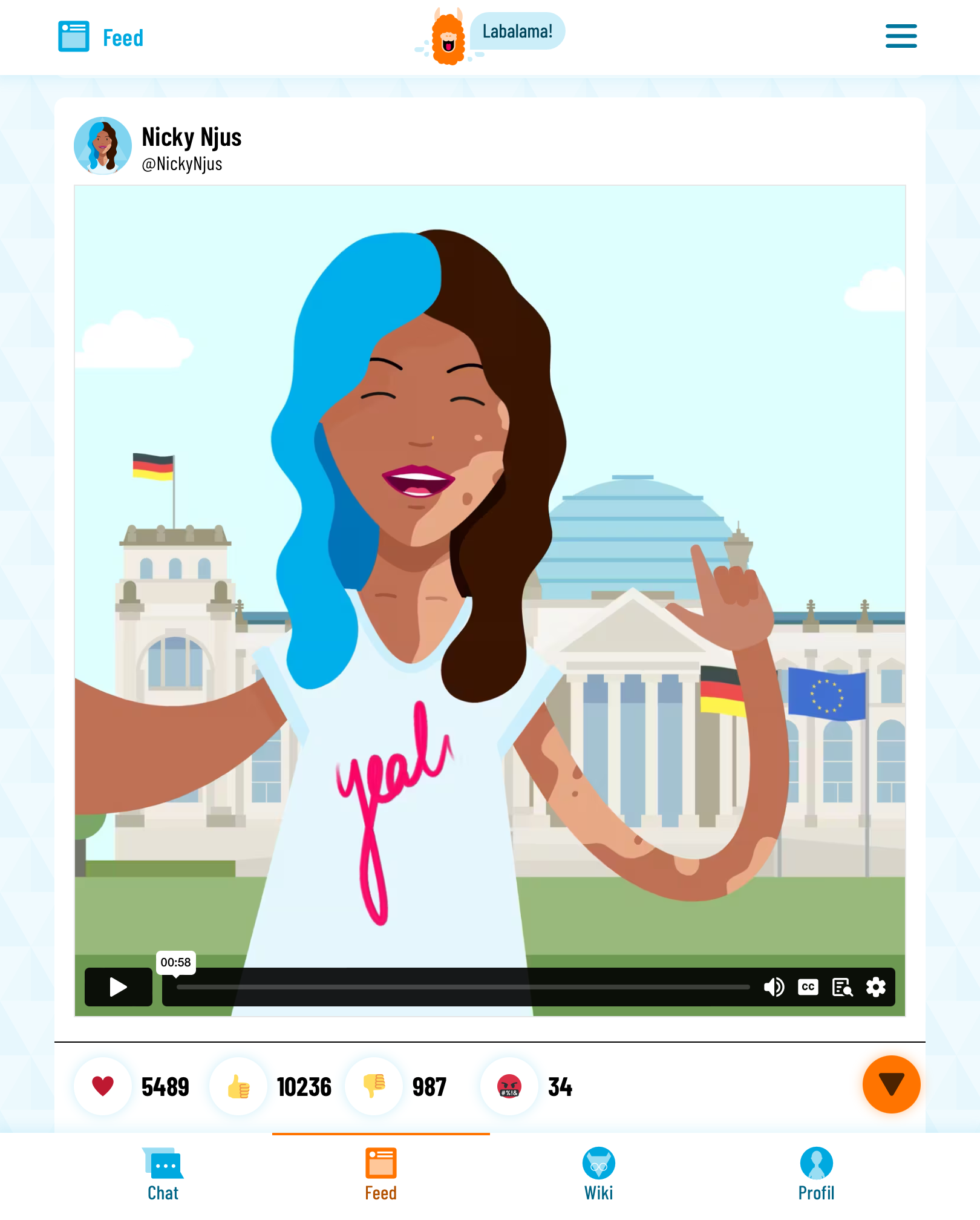 Man sieht einen Beitrag von Nicky Nius auf dem sozialen Netzwerk Labalama. Es ist ein Video, in dem sie vor dem Reichstags-Gebäude steht und über den Hack auf die Bundestagswahlen berichtet.